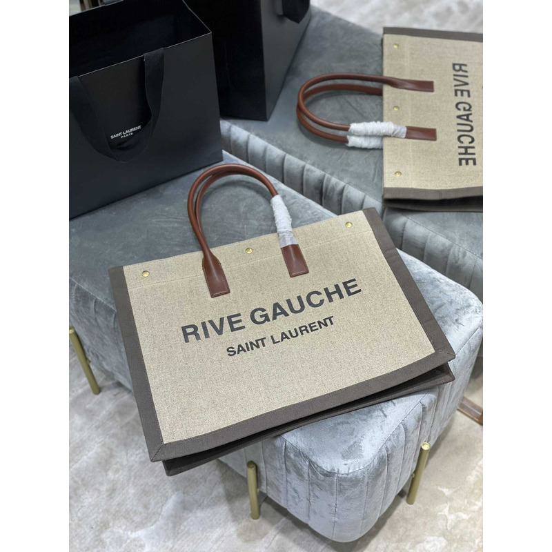 Saint Laurent Rive Gauche Vertical Shopper In Linen And Cotton Gray And Beige