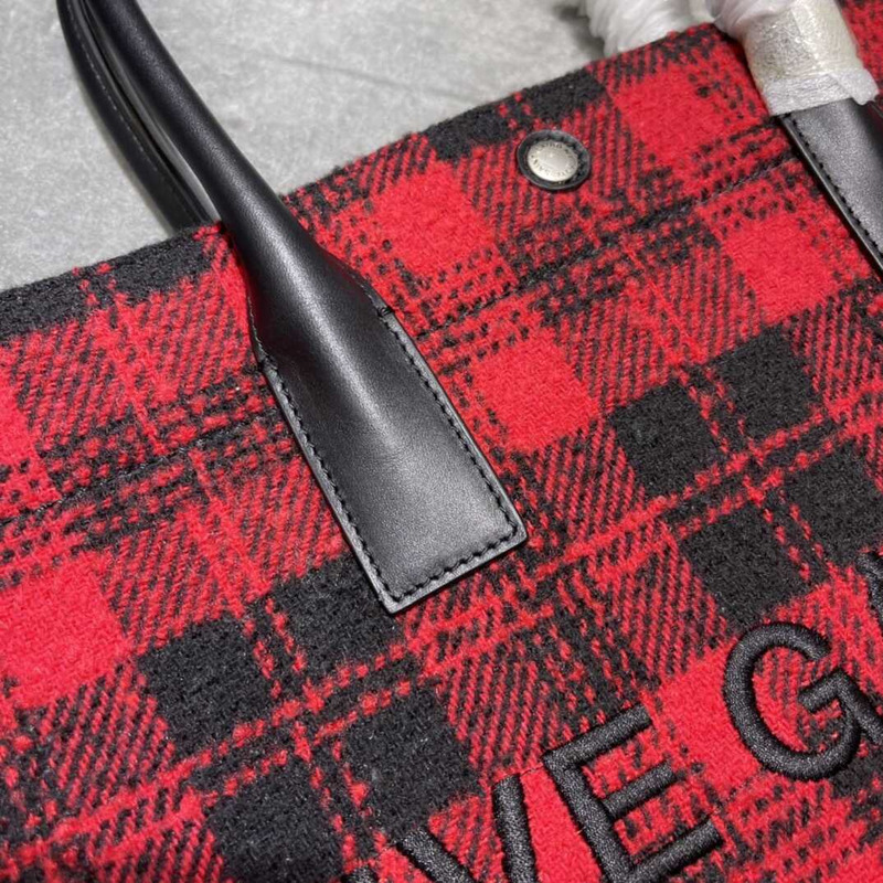 Saint Laurent Rive Gauche Vertical Shopper In Linen And Cotton Black And Red