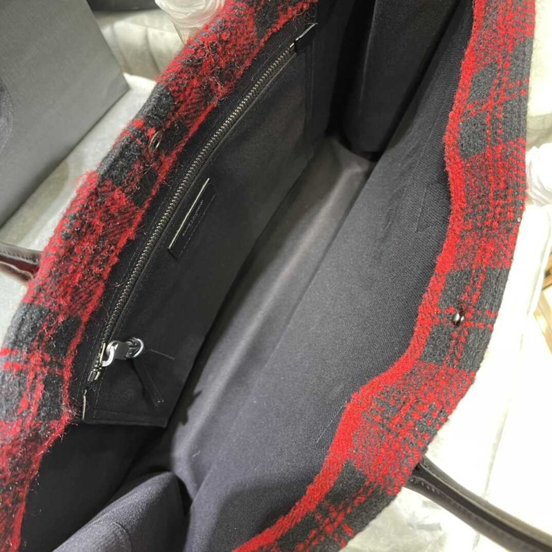 Saint Laurent Rive Gauche Vertical Shopper In Linen And Cotton Black And Red