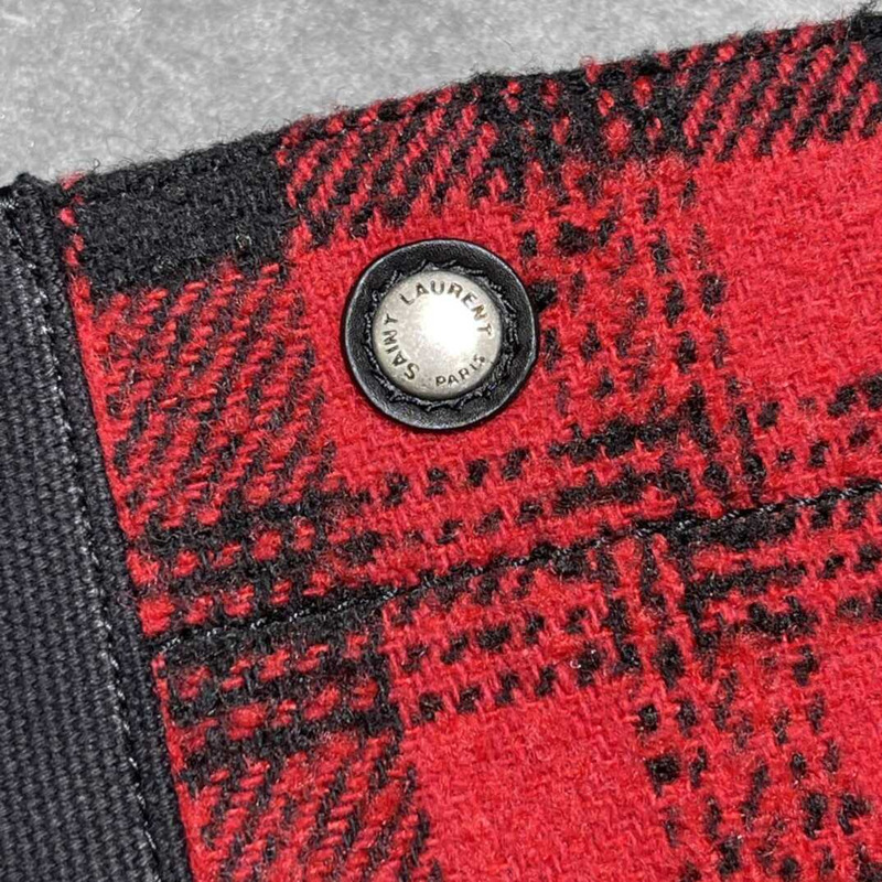 Saint Laurent Rive Gauche Vertical Shopper In Linen And Cotton Black And Red