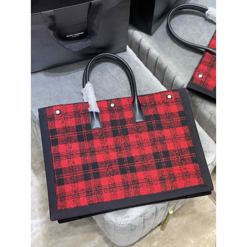 Saint Laurent Rive Gauche Vertical Shopper In Linen And Cotton Black And Red