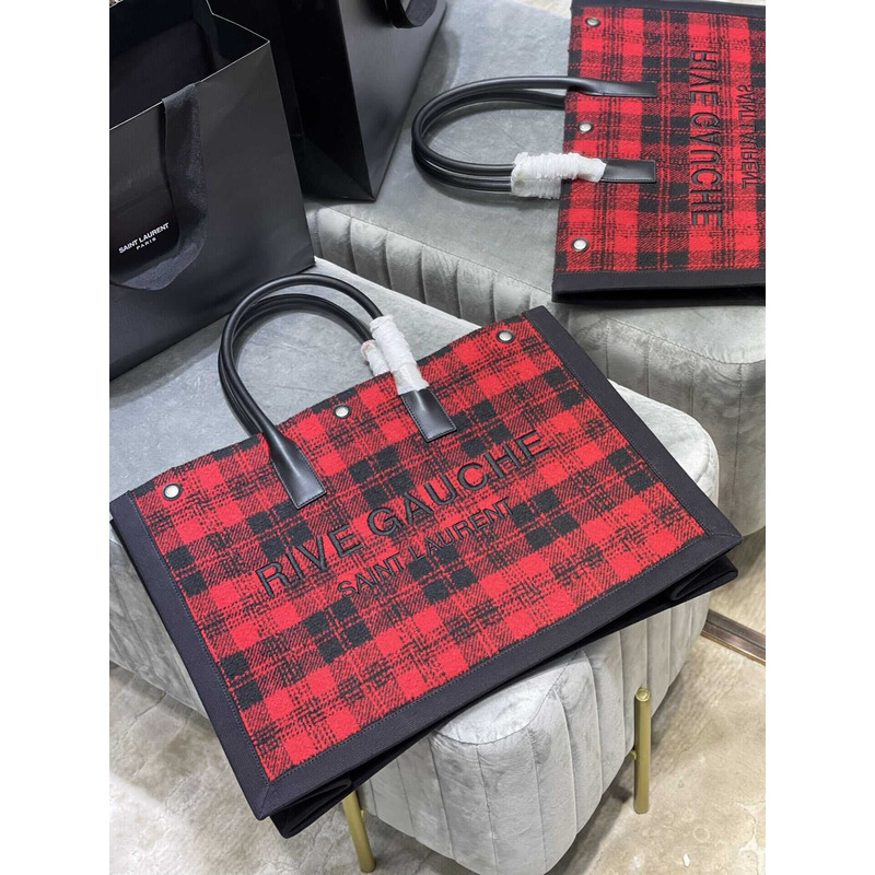 Saint Laurent Rive Gauche Vertical Shopper In Linen And Cotton Black And Red