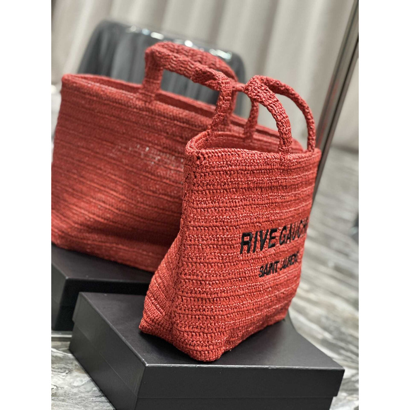 Saint Laurent Rive Gauche Soft Tote Bag In Crocheted Raffia Red