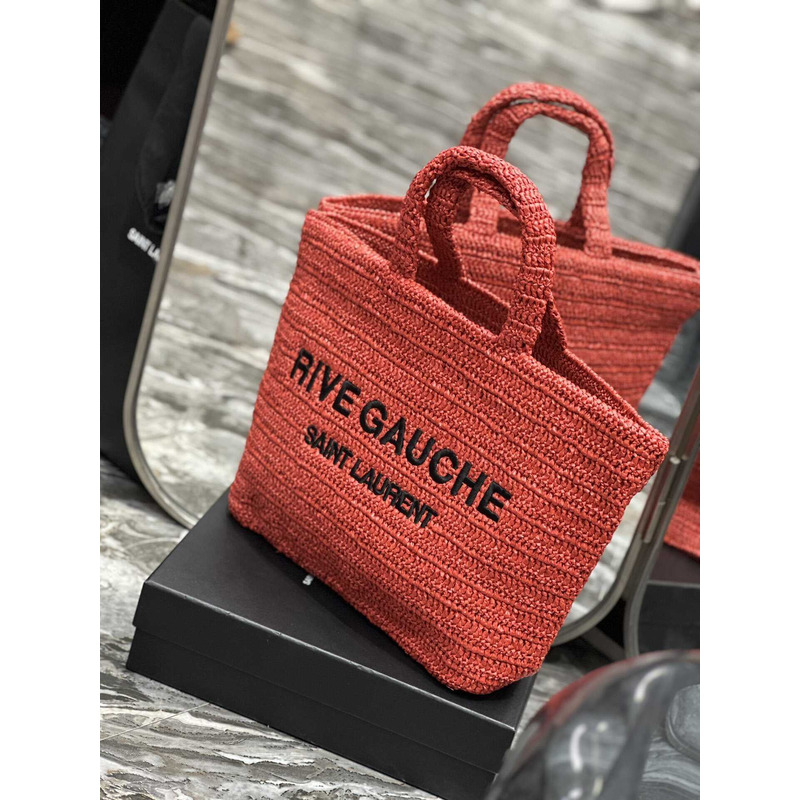 Saint Laurent Rive Gauche Soft Tote Bag In Crocheted Raffia Red
