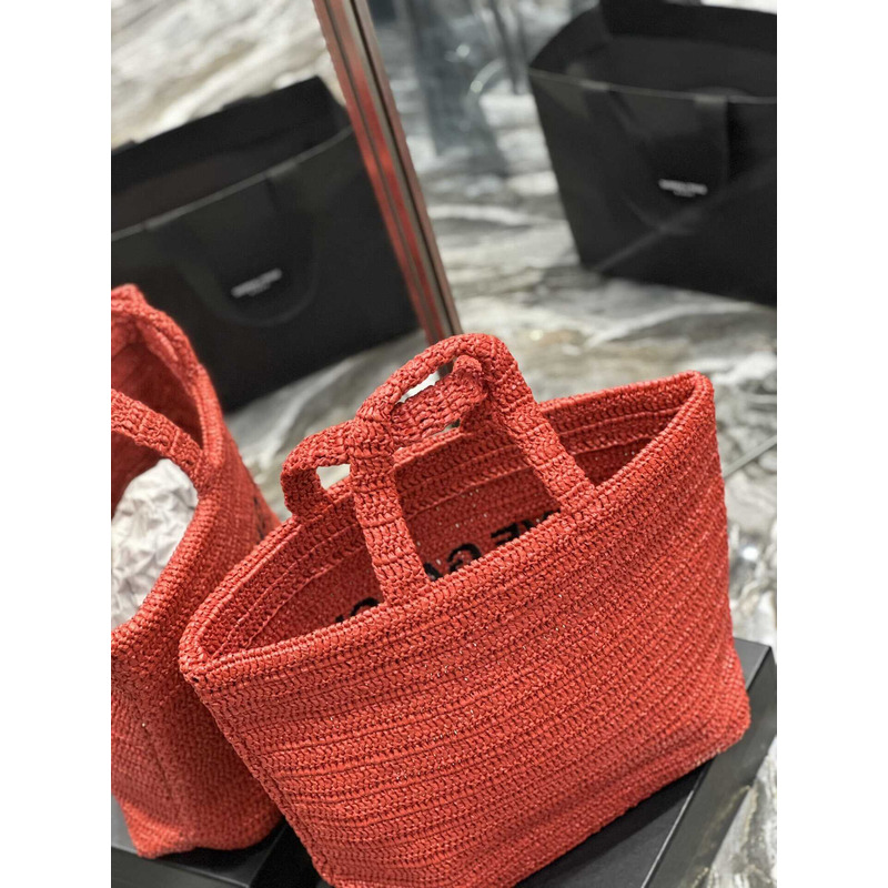 Saint Laurent Rive Gauche Soft Tote Bag In Crocheted Raffia Red