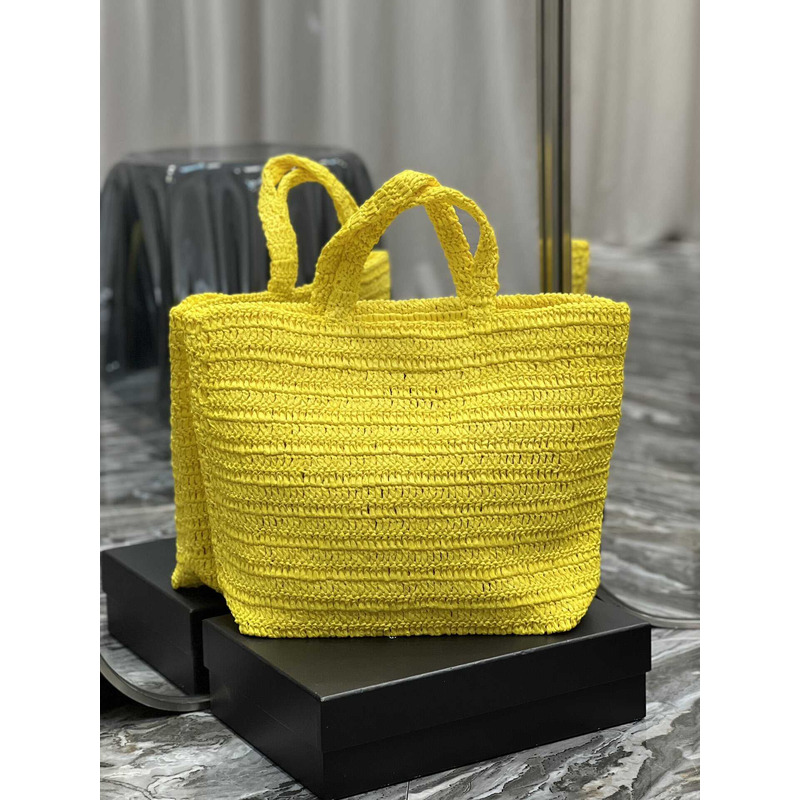 Saint Laurent Rive Gauche Soft Tote Bag In Crocheted Raffia Yellow