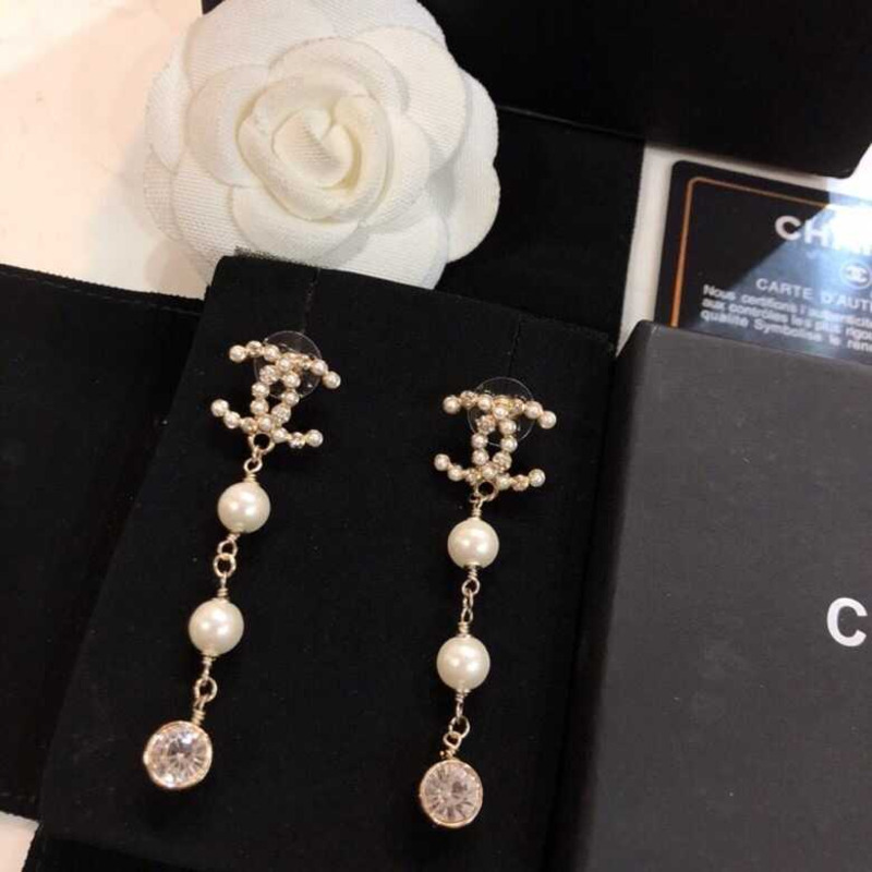 Ch*el crystal and pearl cc earrings