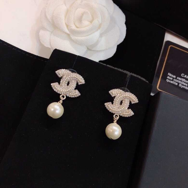 Ch*el crystal and pearl cc earrings