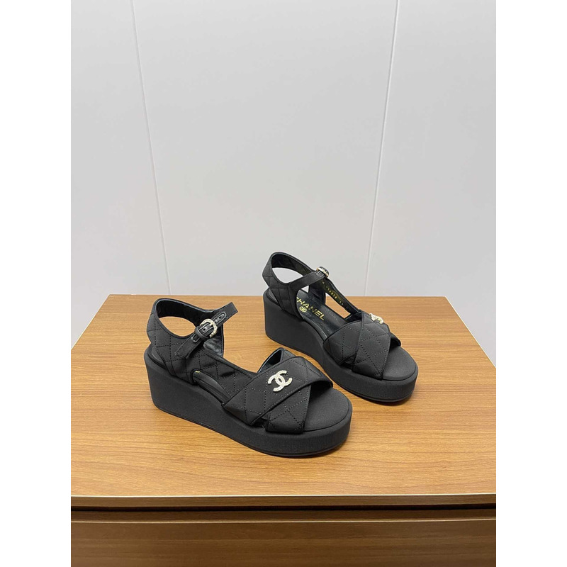 Ch*el open toe platform casual style leather party style black