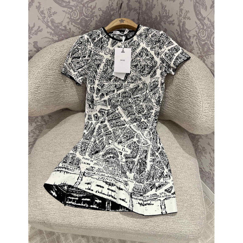 D*or short dress beige and black technical knit with plan de paris motif