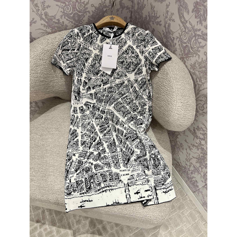 D*or short dress beige and black technical knit with plan de paris motif