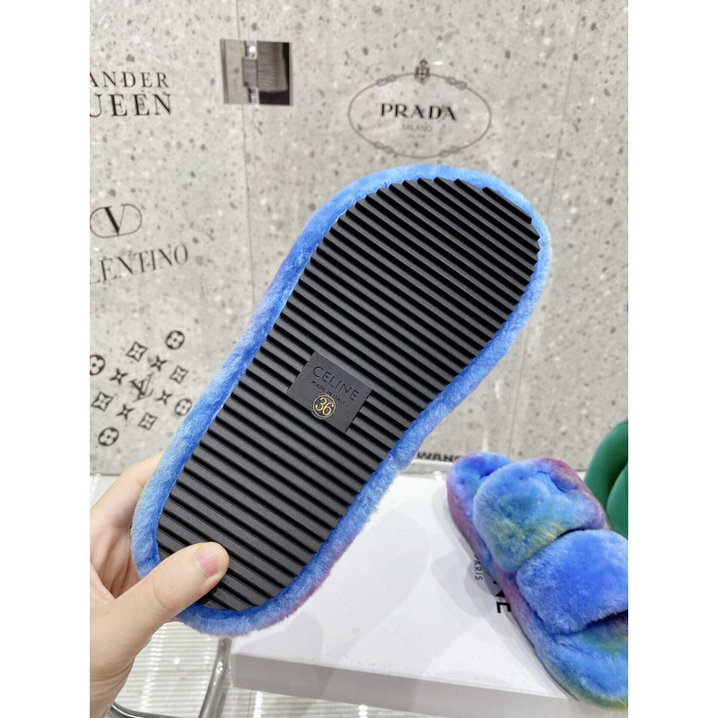 Ce**e open toe platform rubber sole casual style unisex faux fur blue