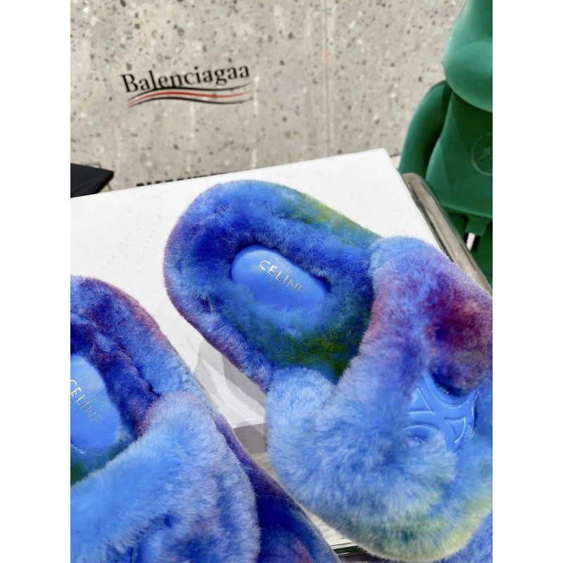 Ce**e open toe platform rubber sole casual style unisex faux fur blue