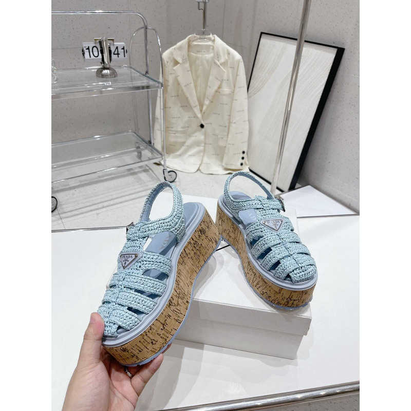 Pra*a  raffia wedge sandals light blue