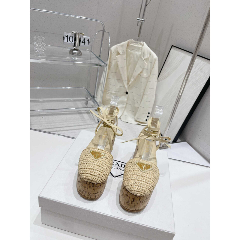 Pra*a raffia wedge sandals beige