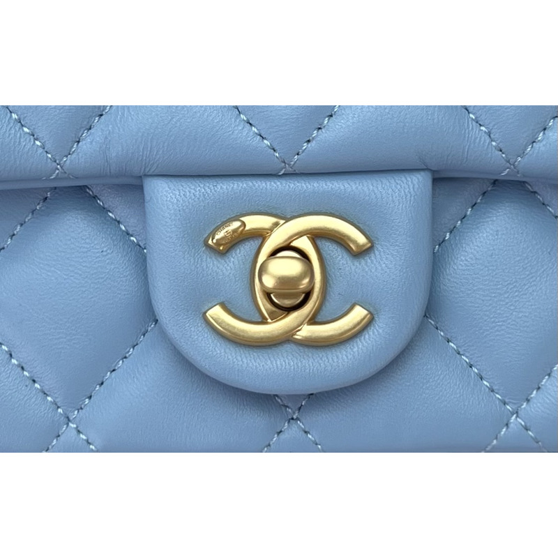 Ch*el small flap bag with top handle lambskin & wenge wood light blue
