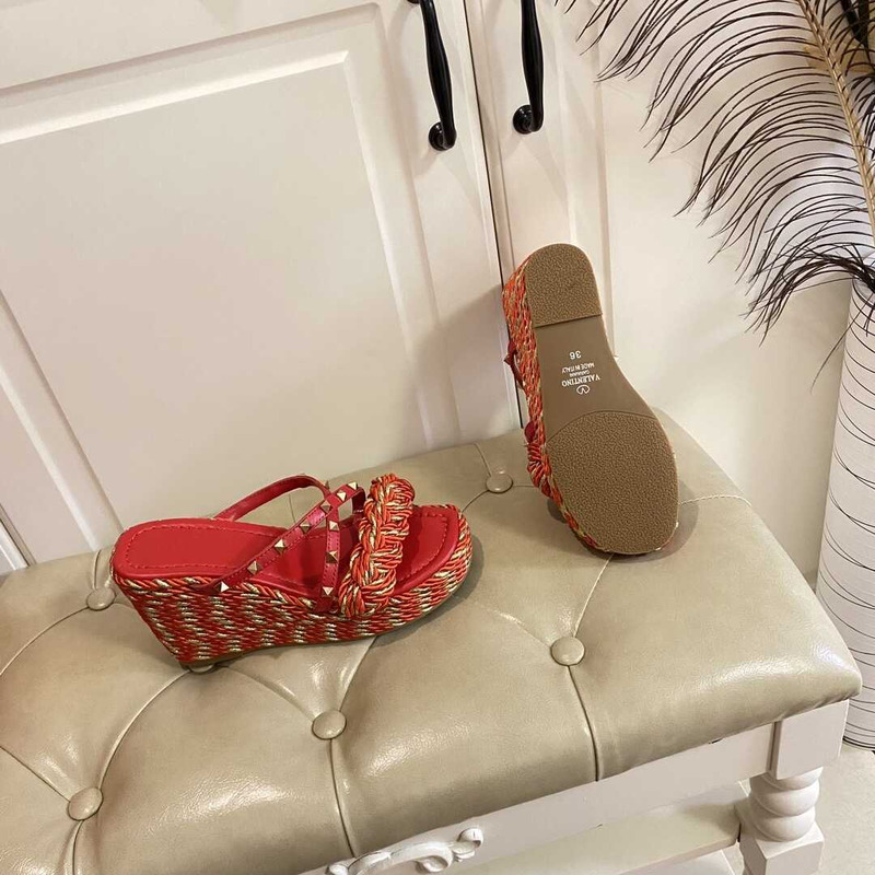 Valentino Garavani Rockstud Torchon Espadrille Wedge Sandals Red And Gold