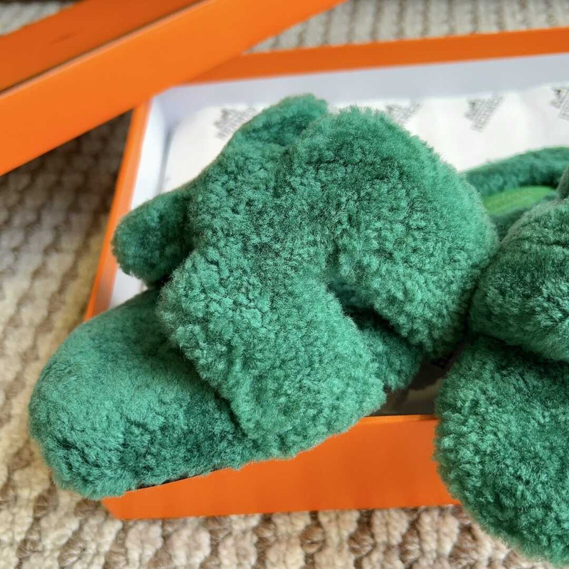 H**mes classic h faux fur slippers dark green