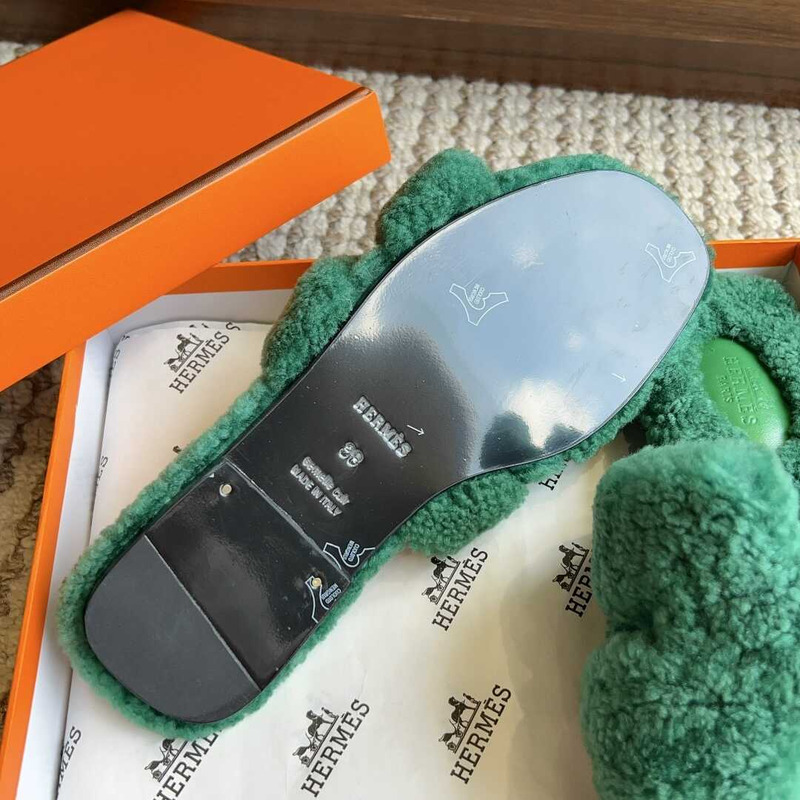 H**mes classic h faux fur slippers dark green