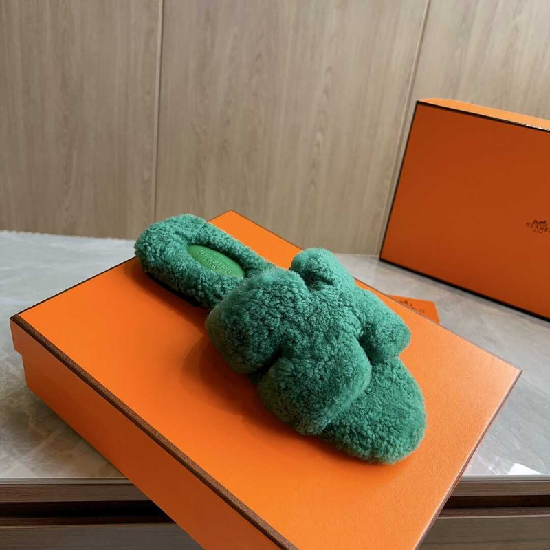 H**mes classic h faux fur slippers dark green