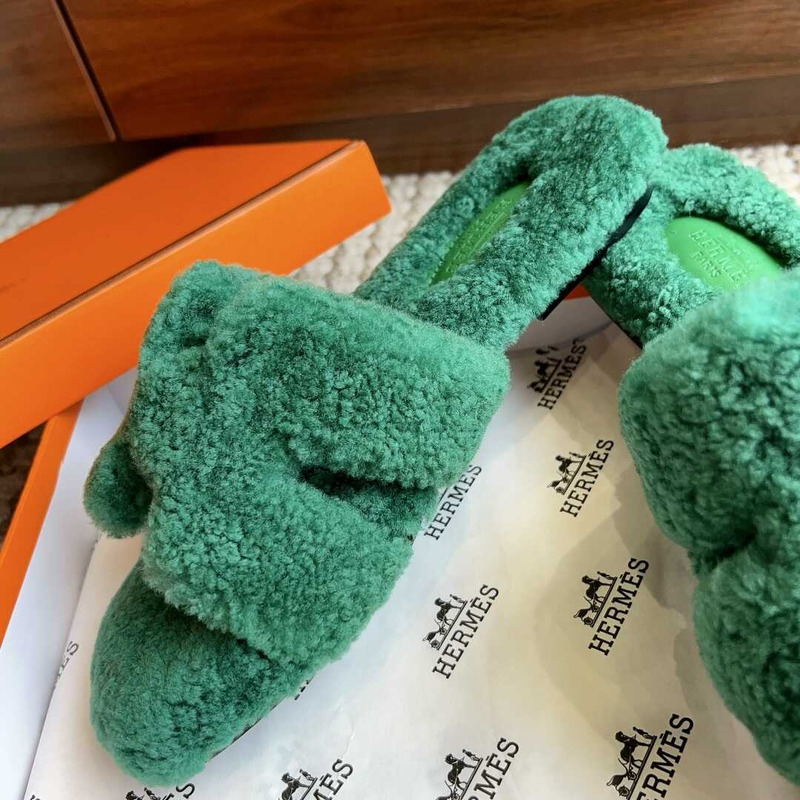 H**mes classic h faux fur slippers dark green
