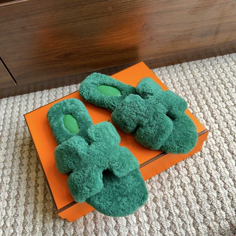 H**mes classic h faux fur slippers dark green
