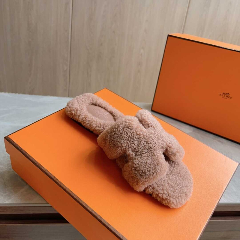 H**mes classic h faux fur slippers nude pink