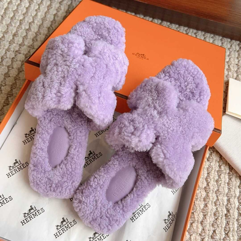 H**mes classic h faux fur slippers purple