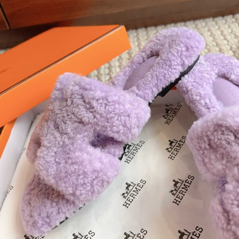 H**mes classic h faux fur slippers purple