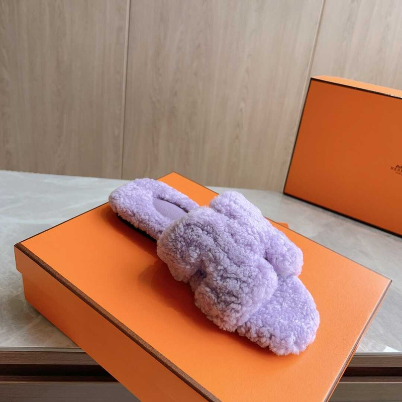 H**mes classic h faux fur slippers purple