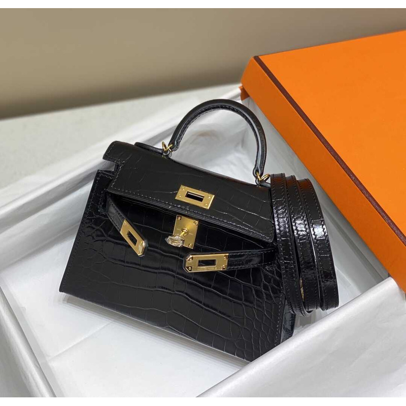 Hermès Black Shiny Alligator Mini Kelly 20 Gold Hardware