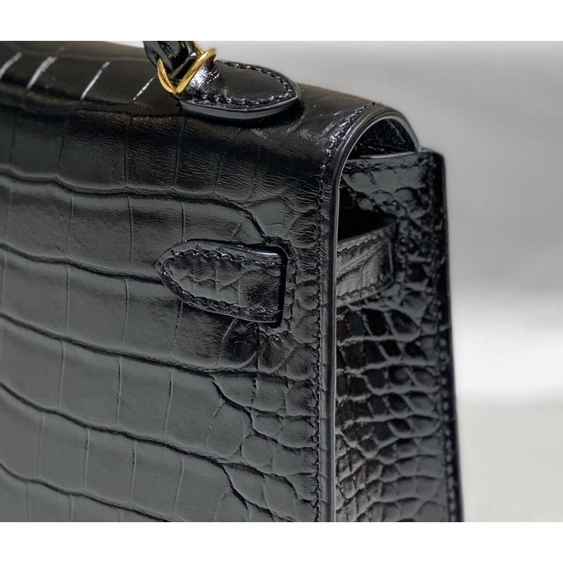 Hermès Black Shiny Alligator Mini Kelly 20 Gold Hardware