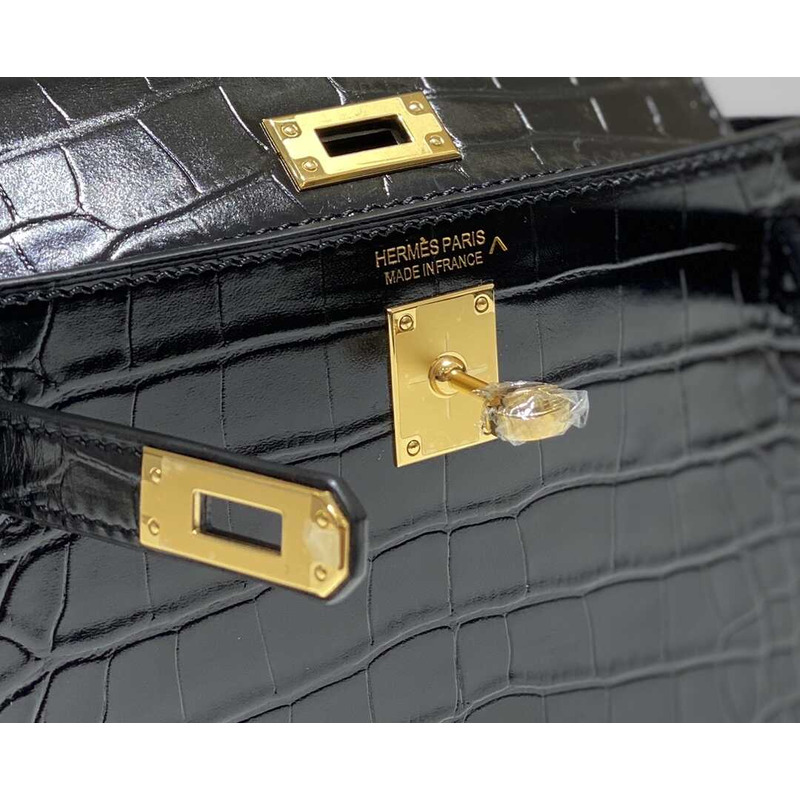 Hermès Black Shiny Alligator Mini Kelly 20 Gold Hardware