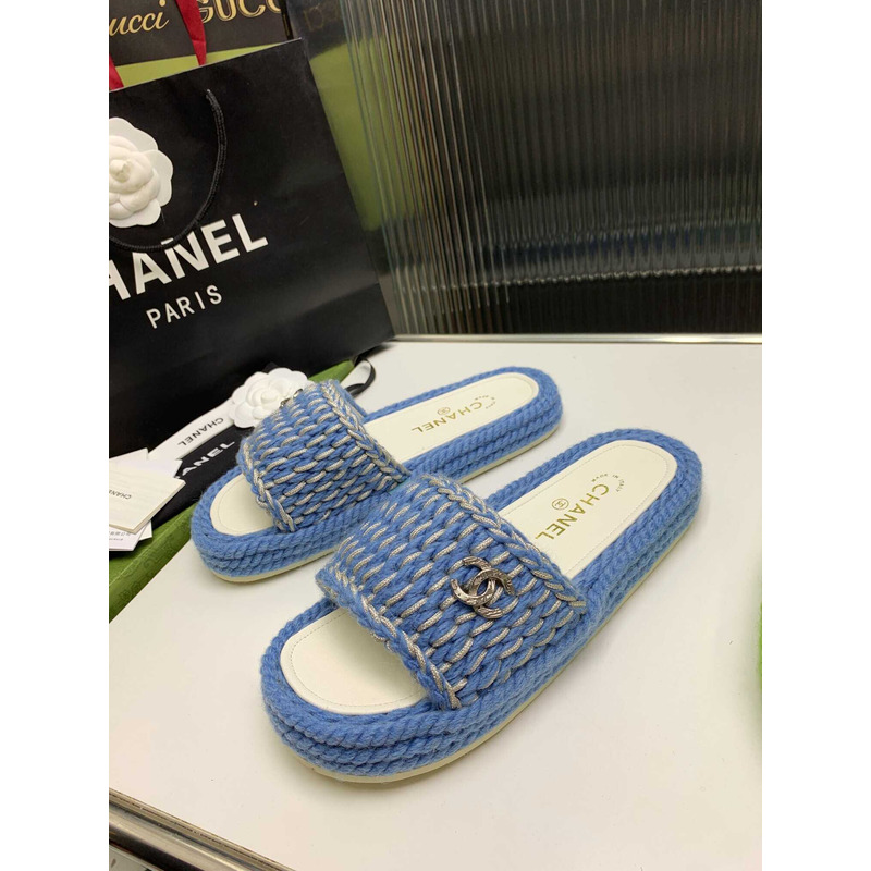 Ch*el braided knit metallic cc slides light blue