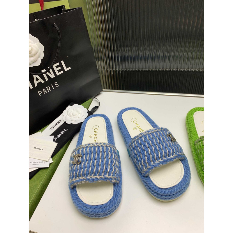 Ch*el braided knit metallic cc slides light blue