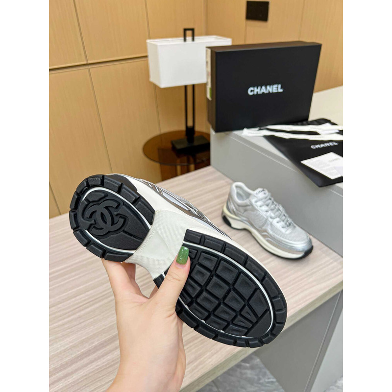 Ch*el sneakers fabric & laminated silver