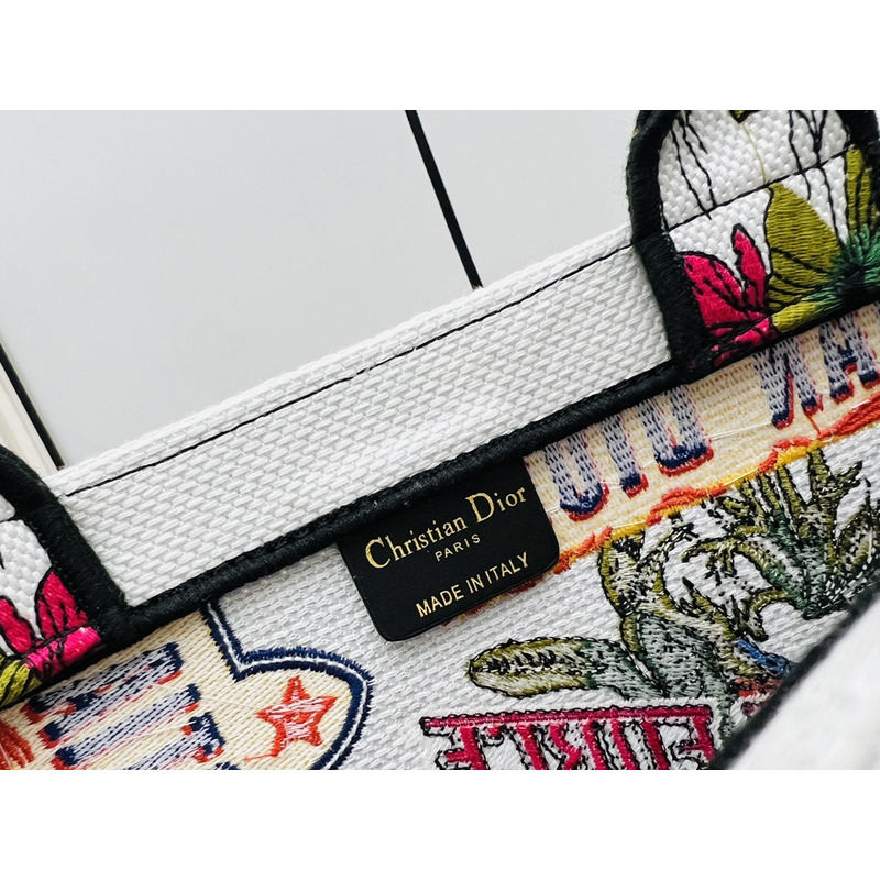 D*or medium book tote bag multicolour indian animals embroidery on white fabric