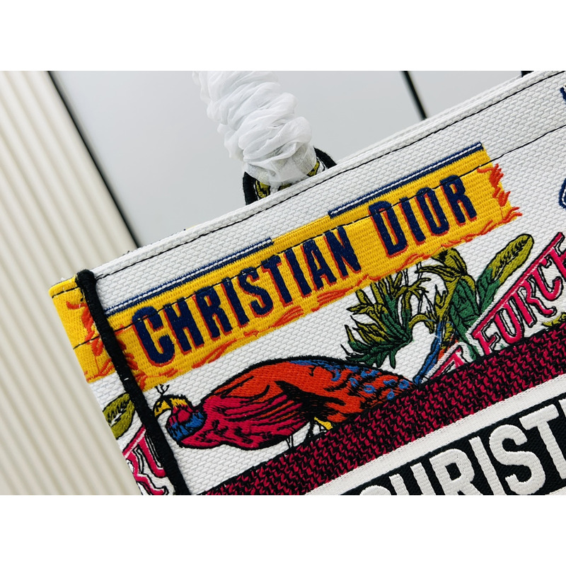 D*or medium book tote bag multicolour indian animals embroidery on white fabric