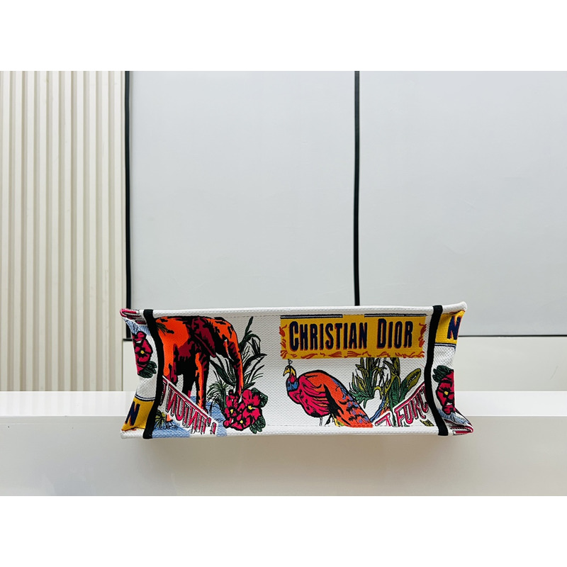 D*or medium book tote bag multicolour indian animals embroidery on white fabric