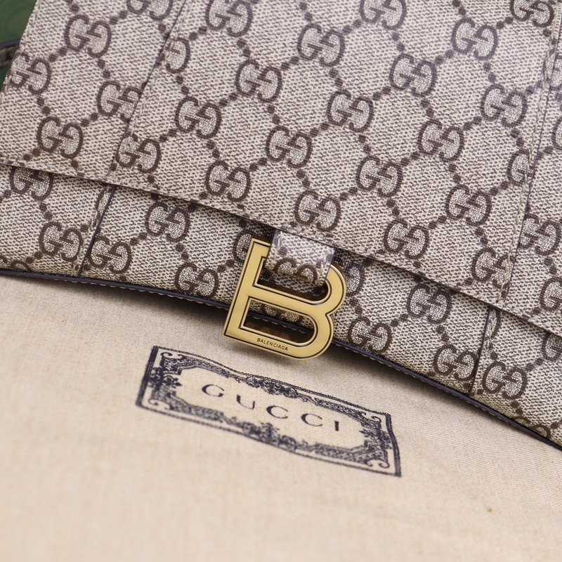 ba*len*cia*ga x g*u*i gg S*p*e monogram small hourglass top handle bag beige ebony