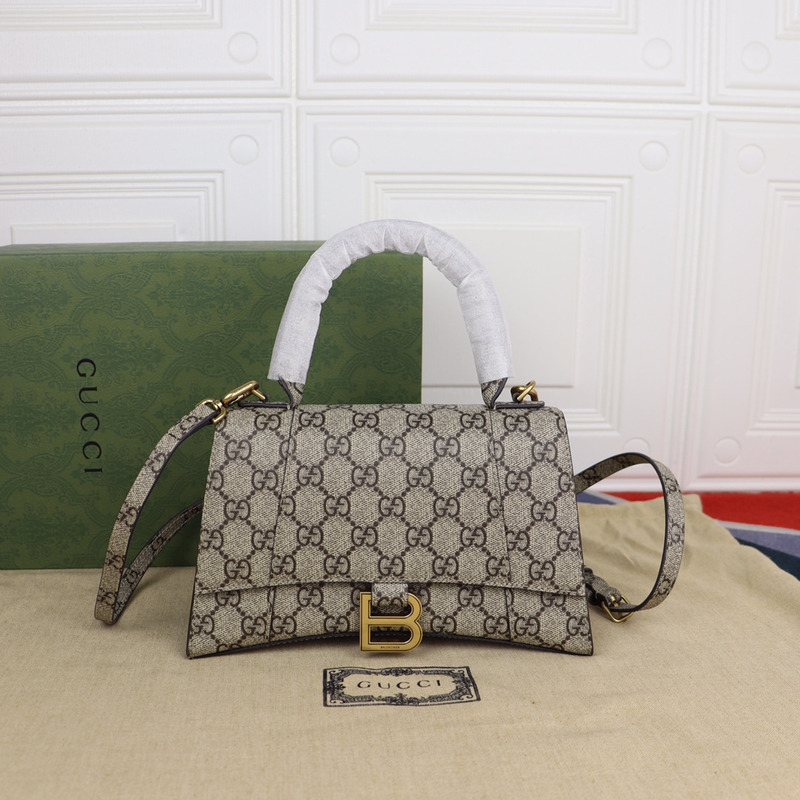 ba*len*cia*ga x g*u*i gg S*p*e monogram small hourglass top handle bag beige ebony