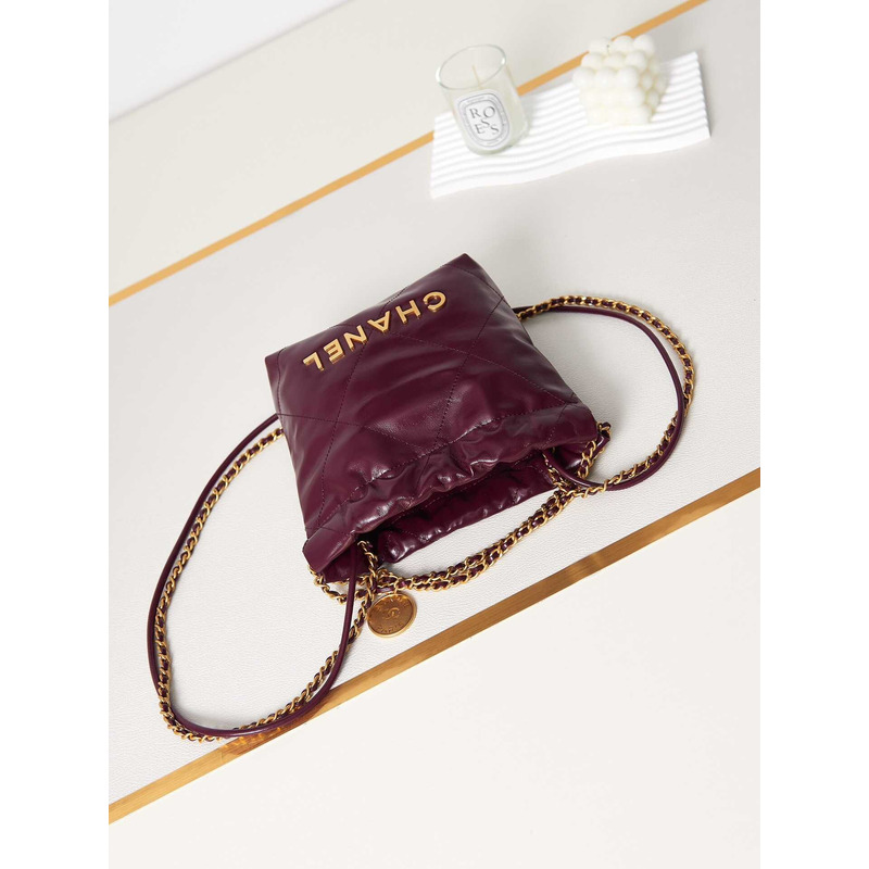 Ch*el 22 mini handbang shiny calfskin & gold-tone metal pale purple