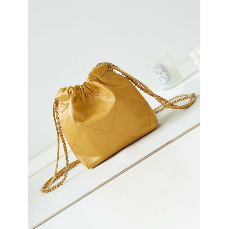 Ch*el 22 mini handbang shiny calfskin & gold-tone metal pale yellow