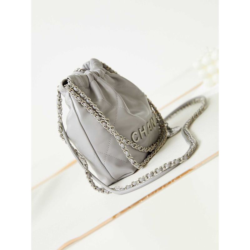 Ch*el 22 mini handbang shiny calfskin & gold-tone metal pale gray