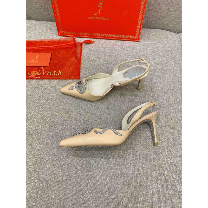 Rene Caovilla Snake Motif Rhinestone Pumps Beige