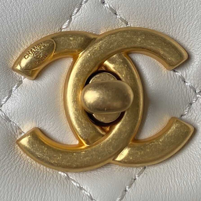 Ch*el small flap bag lambskin & gold-tone metal white