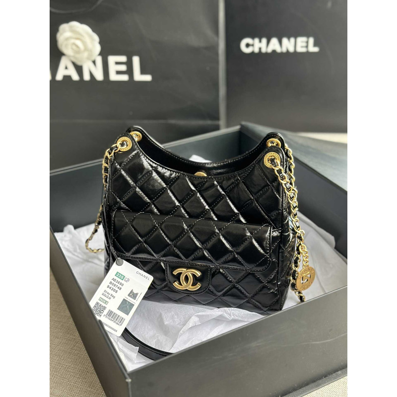 Ch*el hobo handbag shiny calfskin gold tone metal black