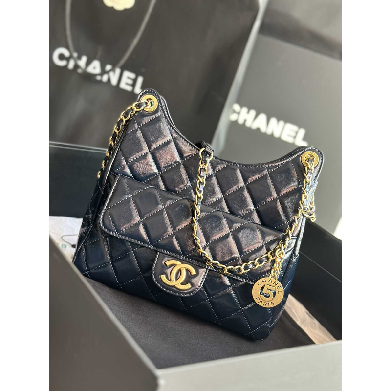 Ch*el hobo handbag shiny calfskin gold tone metal blue