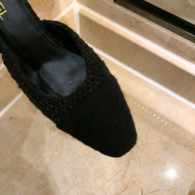 Ch*el classic sandals sheepskin mid-heel sandals black