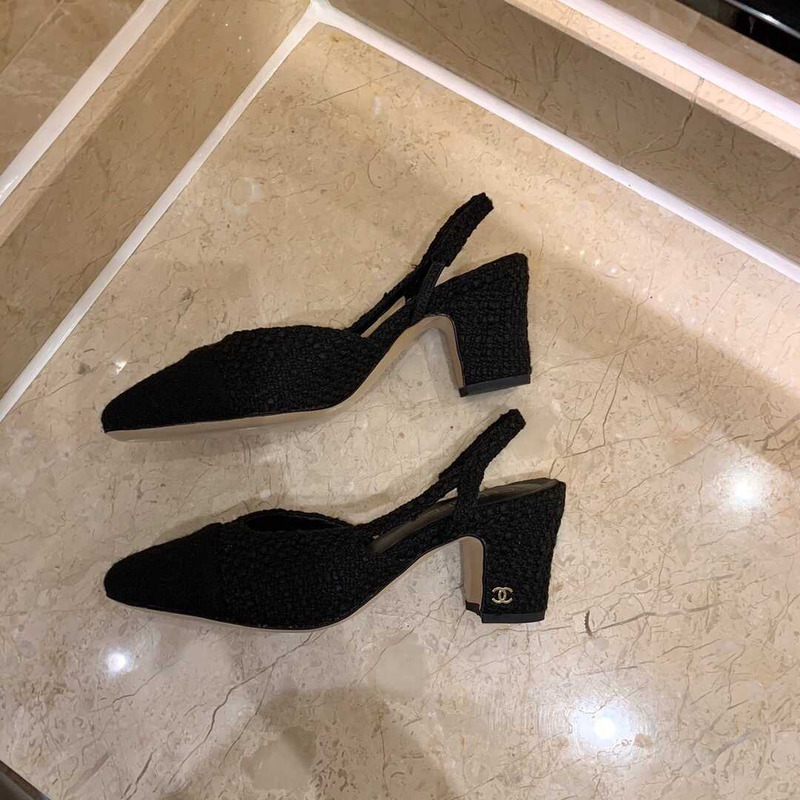 Ch*el classic sandals sheepskin mid-heel sandals black